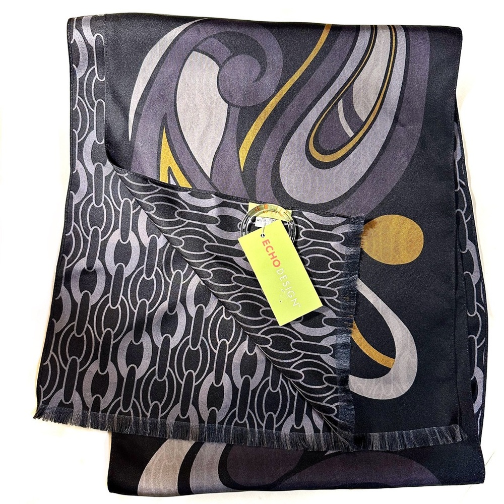 ECHO 100% SILK OBLONG SCARF—NEW With Tags—Double Print Shades of Charcoal Gray - Picture 2 of 9
